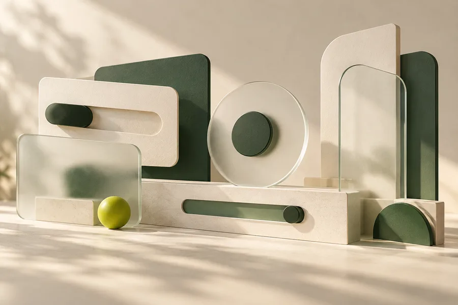 Tactile controls and geometric modules illustrating an adaptable interface.
