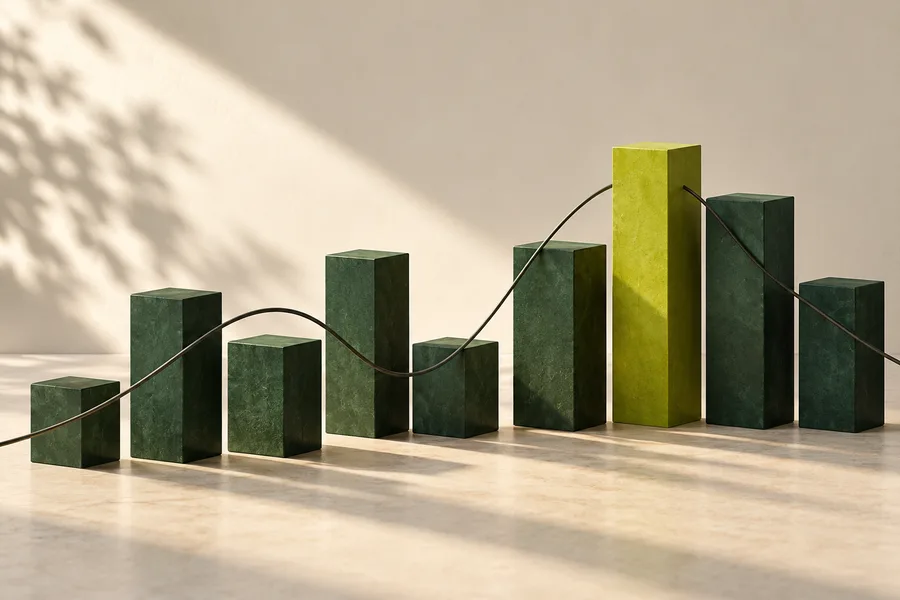 Green geometric columns and a curved line illustrating trading.